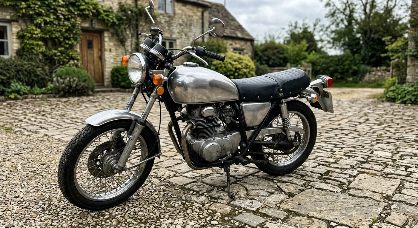 A phone photograph of a classic motorcycle on a stone driveway